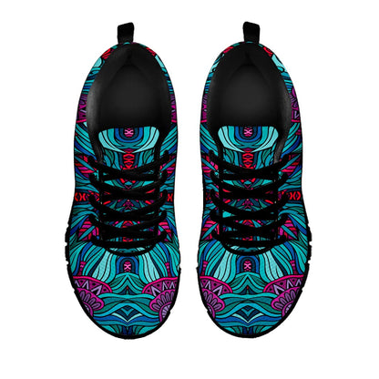 Ethnic Teal Bohemian Pattern Print Black Running Shoes