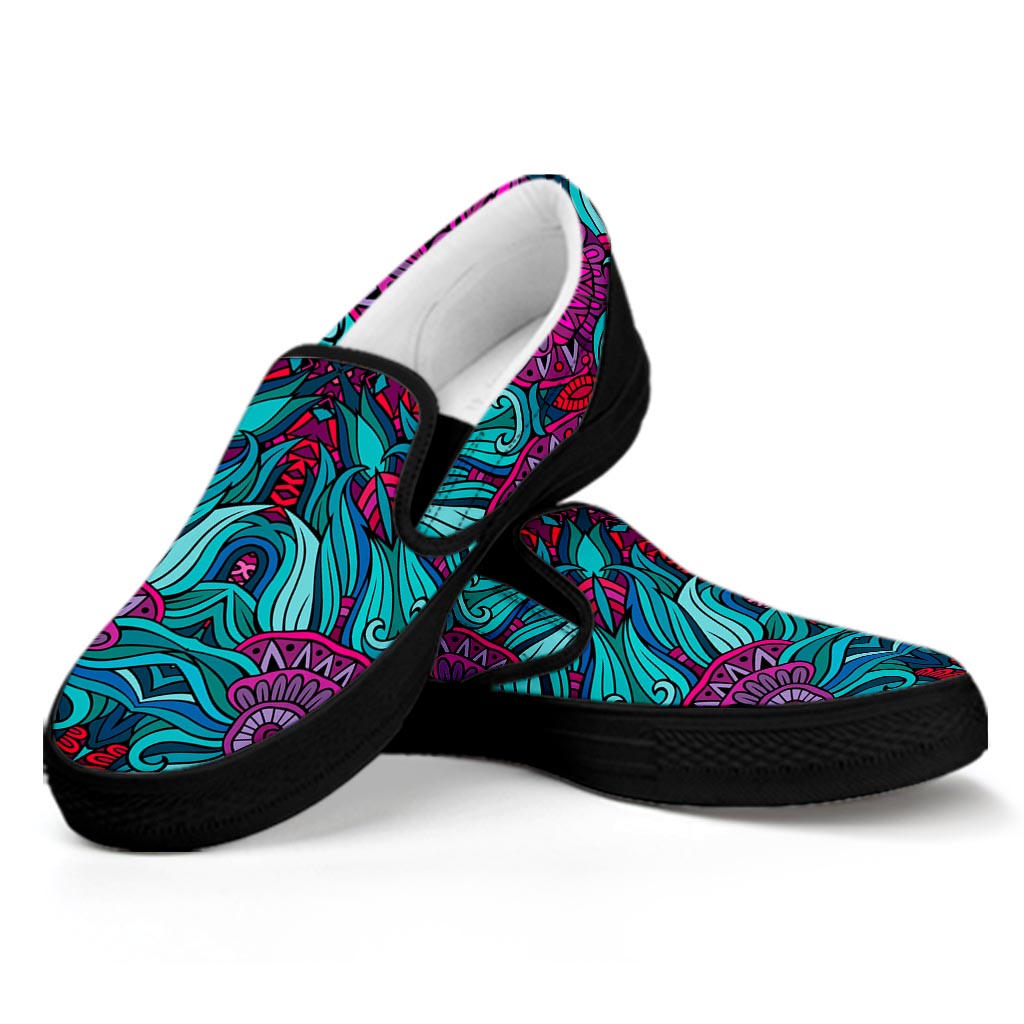 Ethnic Teal Bohemian Pattern Print Black Slip On Sneakers