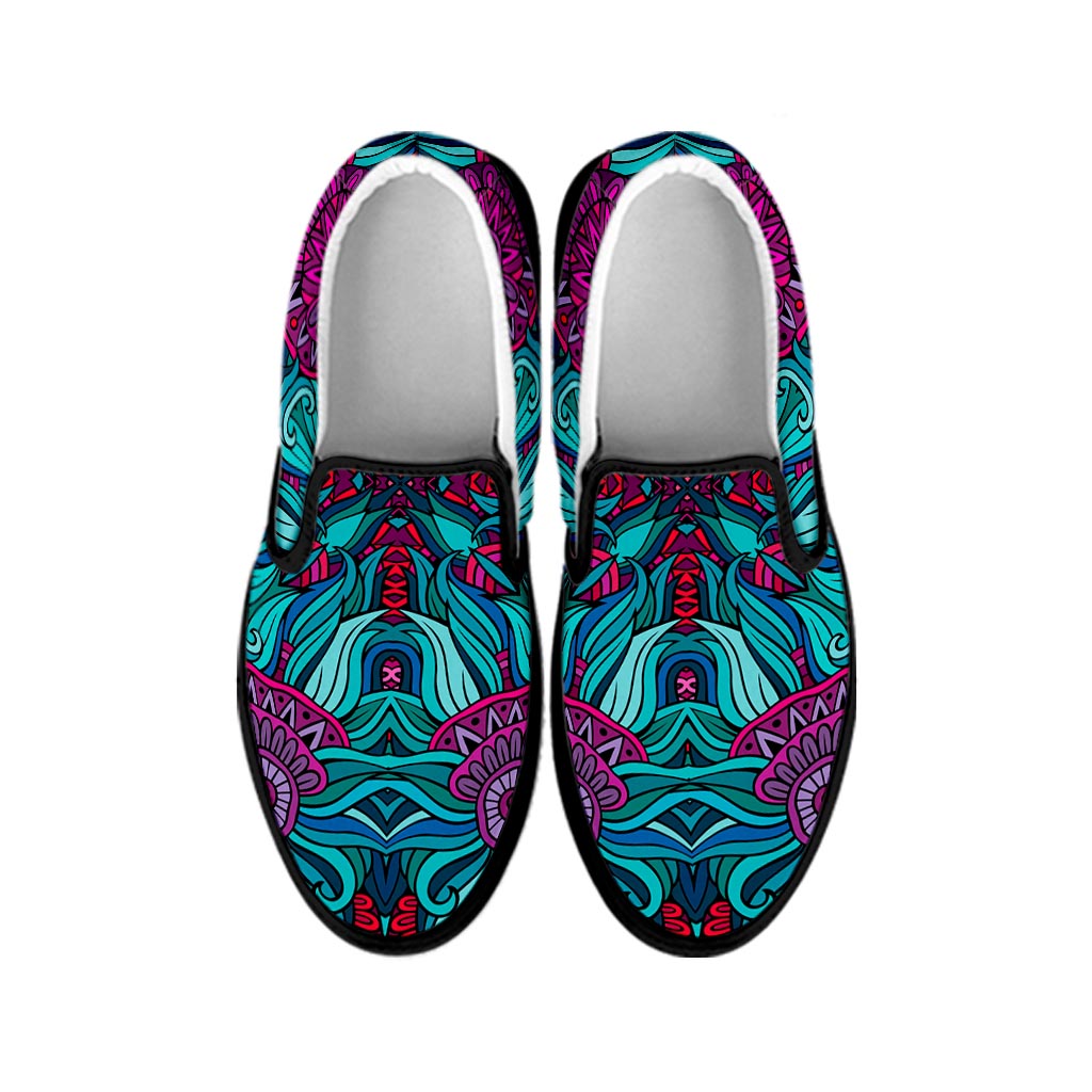 Ethnic Teal Bohemian Pattern Print Black Slip On Sneakers