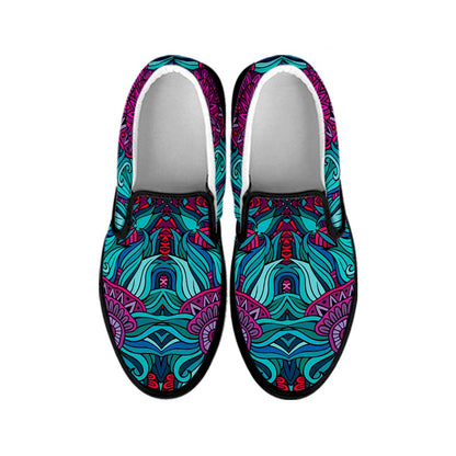 Ethnic Teal Bohemian Pattern Print Black Slip On Sneakers