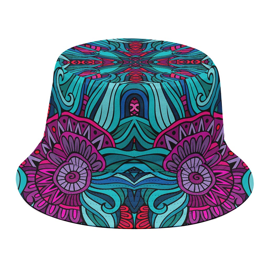 Ethnic Teal Bohemian Pattern Print Bucket Hat