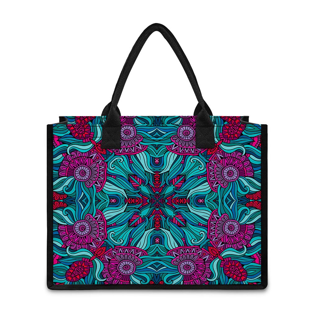Ethnic Teal Bohemian Pattern Print Canvas Tote Bag