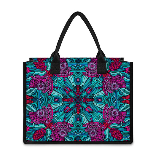 Ethnic Teal Bohemian Pattern Print Canvas Tote Bag