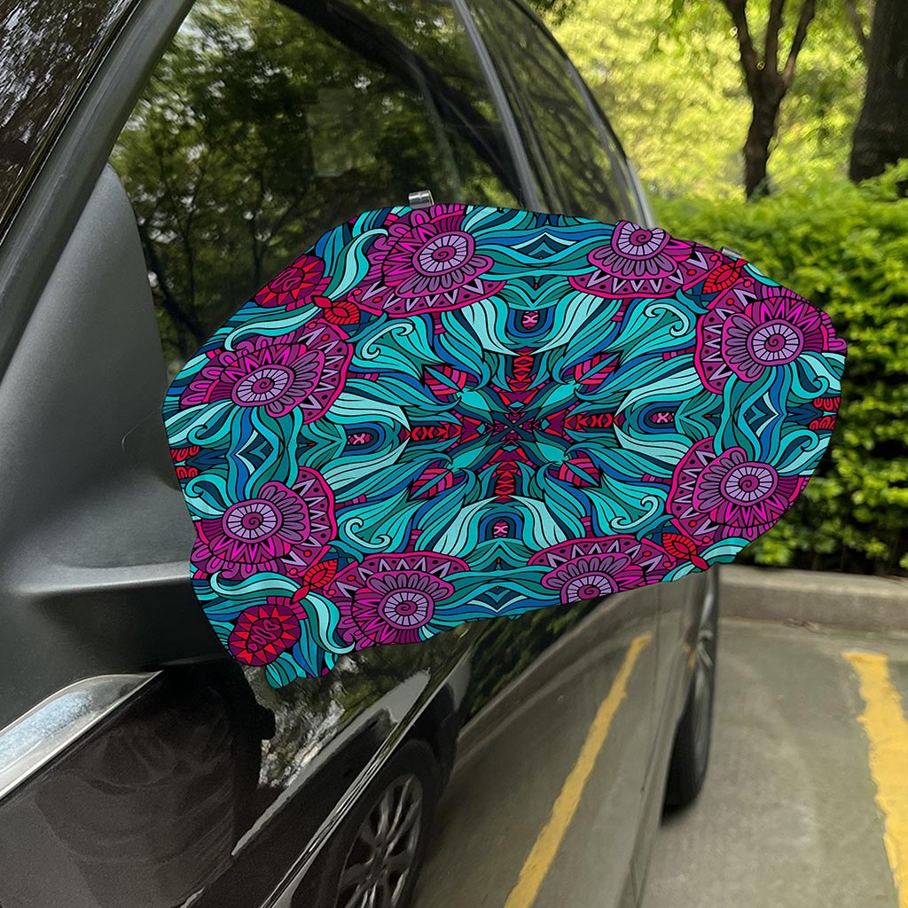 Ethnic Teal Bohemian Pattern Print Car Side Mirror Covers