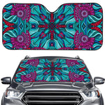 Ethnic Teal Bohemian Pattern Print Car Windshield Sun Shade