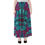 Ethnic Teal Bohemian Pattern Print Chiffon Maxi Skirt