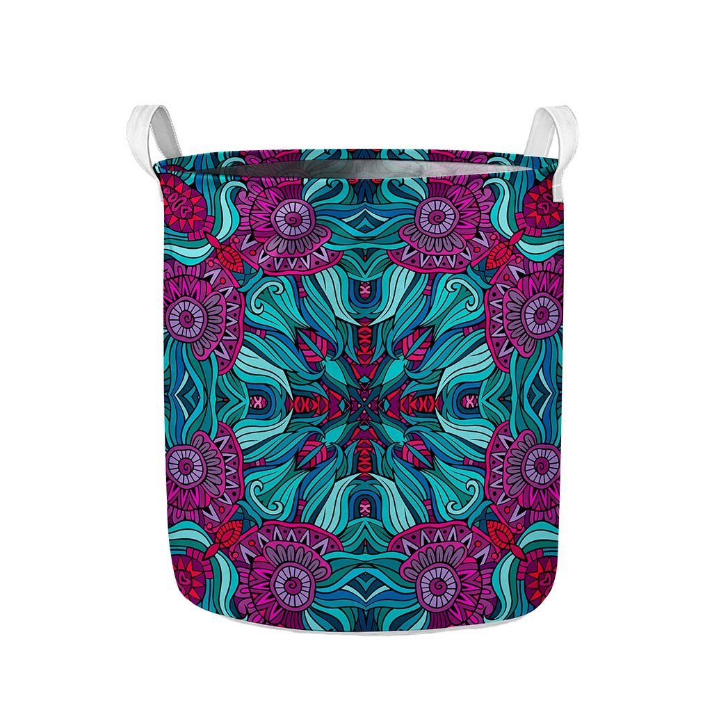 Ethnic Teal Bohemian Pattern Print Collapsible Laundry Basket
