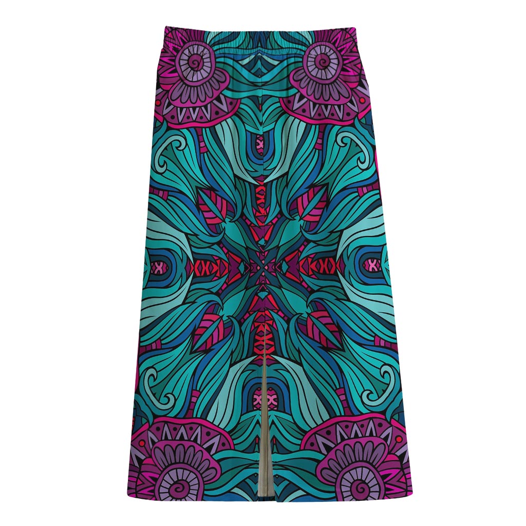 Ethnic Teal Bohemian Pattern Print Cotton Front Slit Maxi Skirt
