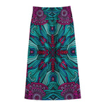 Ethnic Teal Bohemian Pattern Print Cotton Front Slit Maxi Skirt