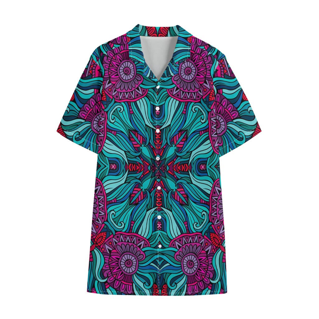 Ethnic Teal Bohemian Pattern Print Cotton Hawaiian Shirt