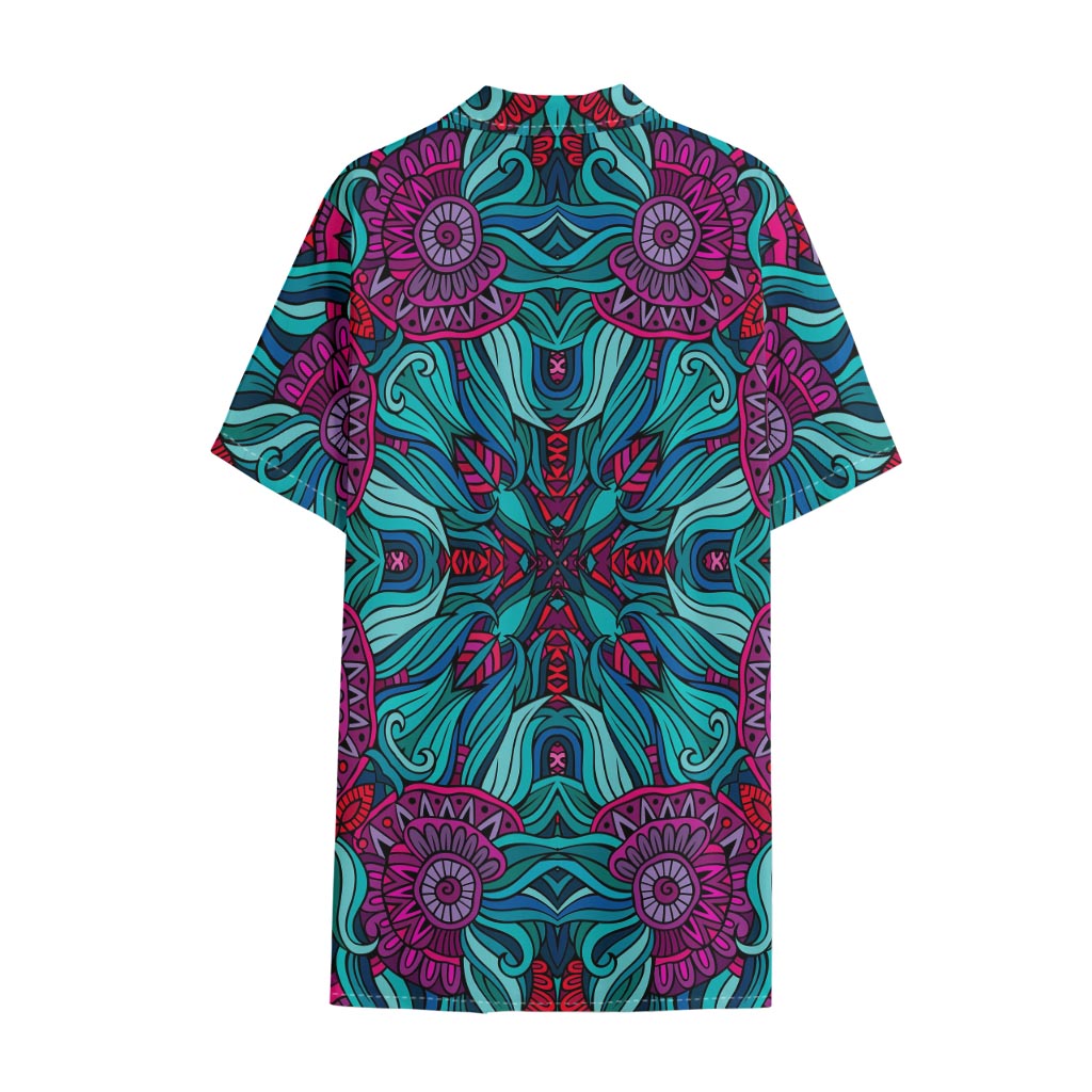 Ethnic Teal Bohemian Pattern Print Cotton Hawaiian Shirt