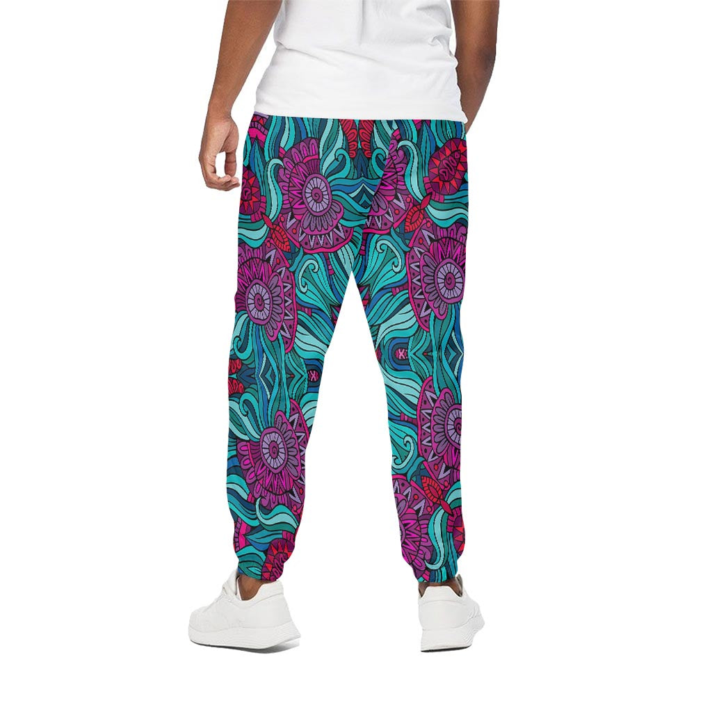 Ethnic Teal Bohemian Pattern Print Cotton Pants