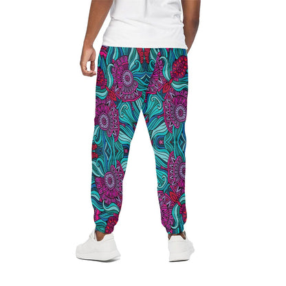 Ethnic Teal Bohemian Pattern Print Cotton Pants