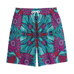 Ethnic Teal Bohemian Pattern Print Cotton Shorts