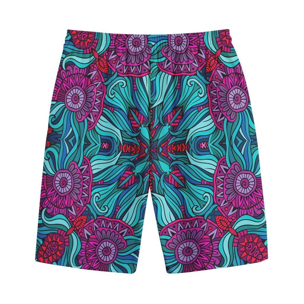 Ethnic Teal Bohemian Pattern Print Cotton Shorts