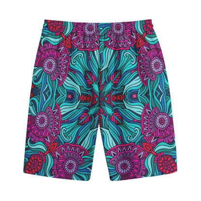Ethnic Teal Bohemian Pattern Print Cotton Shorts