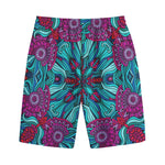 Ethnic Teal Bohemian Pattern Print Cotton Shorts