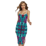 Ethnic Teal Bohemian Pattern Print Cross Back Cami Dress