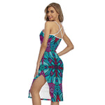 Ethnic Teal Bohemian Pattern Print Cross Back Cami Dress