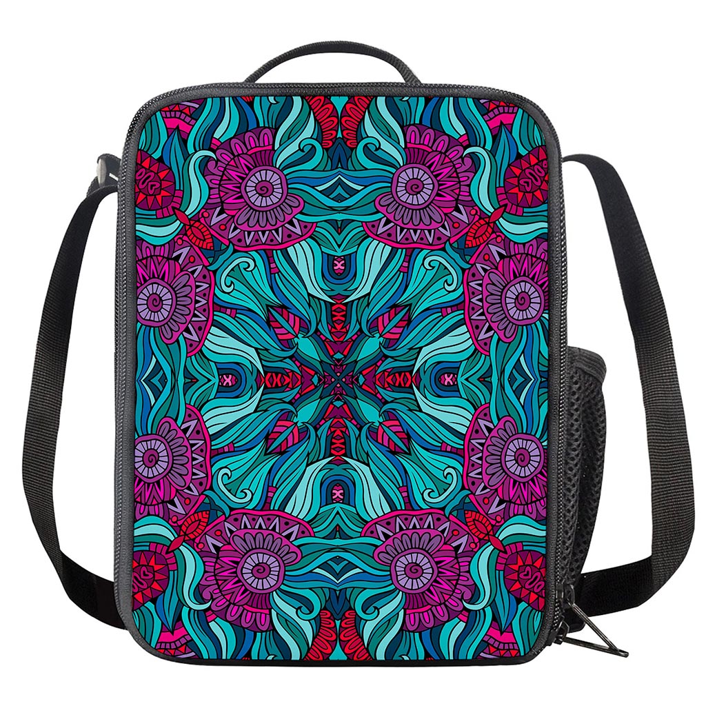 Ethnic Teal Bohemian Pattern Print Crossbody Lunch Bag