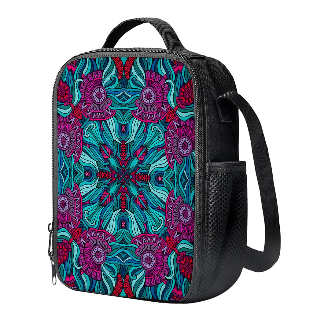 Ethnic Teal Bohemian Pattern Print Crossbody Lunch Bag