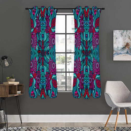 Ethnic Teal Bohemian Pattern Print Curtain