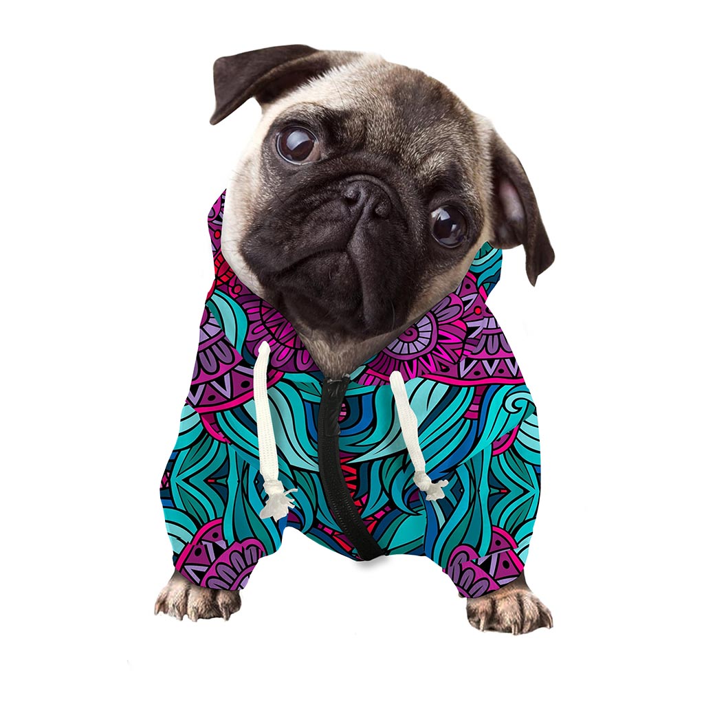 Ethnic Teal Bohemian Pattern Print Dog Zip Up Hoodie