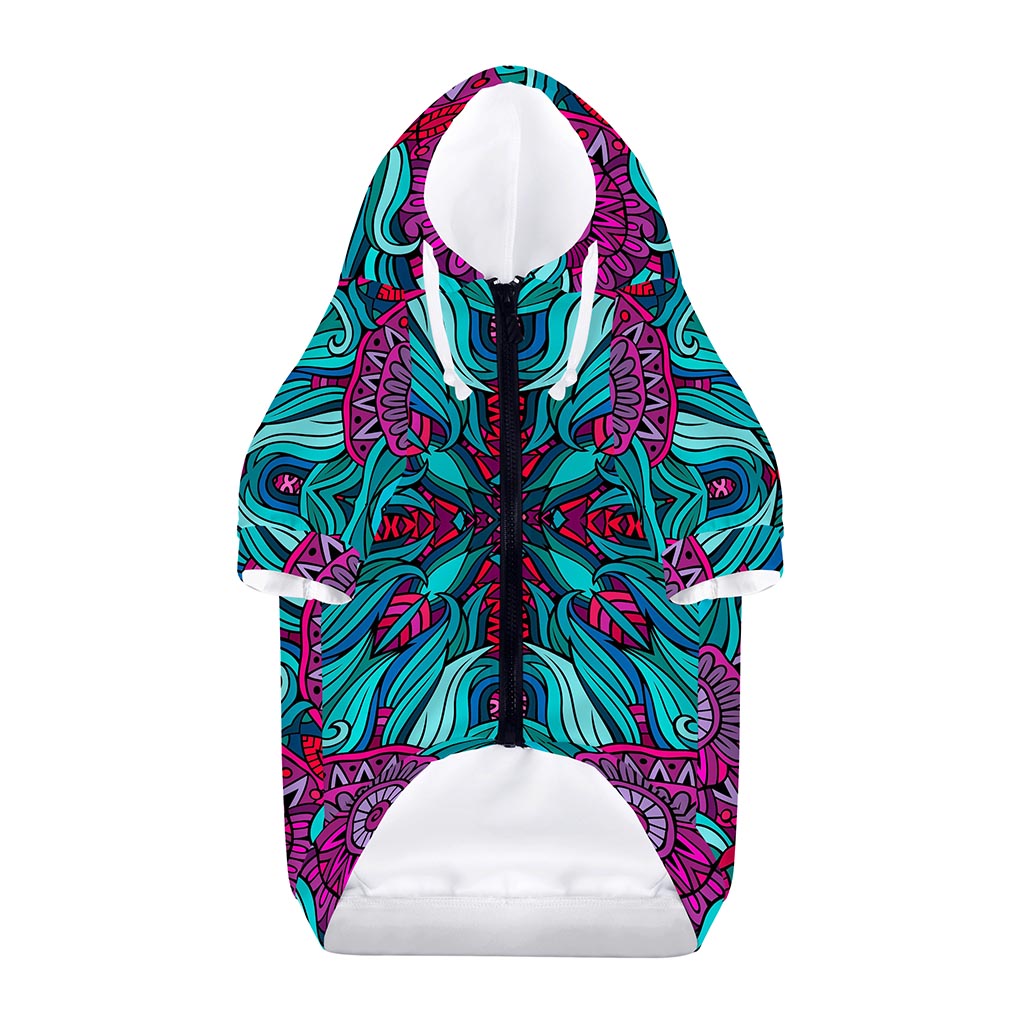 Ethnic Teal Bohemian Pattern Print Dog Zip Up Hoodie