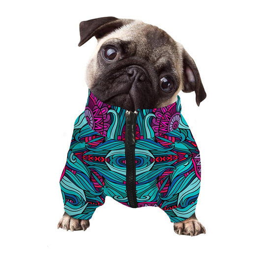 Ethnic Teal Bohemian Pattern Print Dog Zip Up Jacket