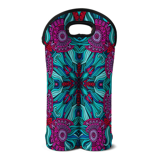 Ethnic Teal Bohemian Pattern Print Double Neoprene Wine Tote