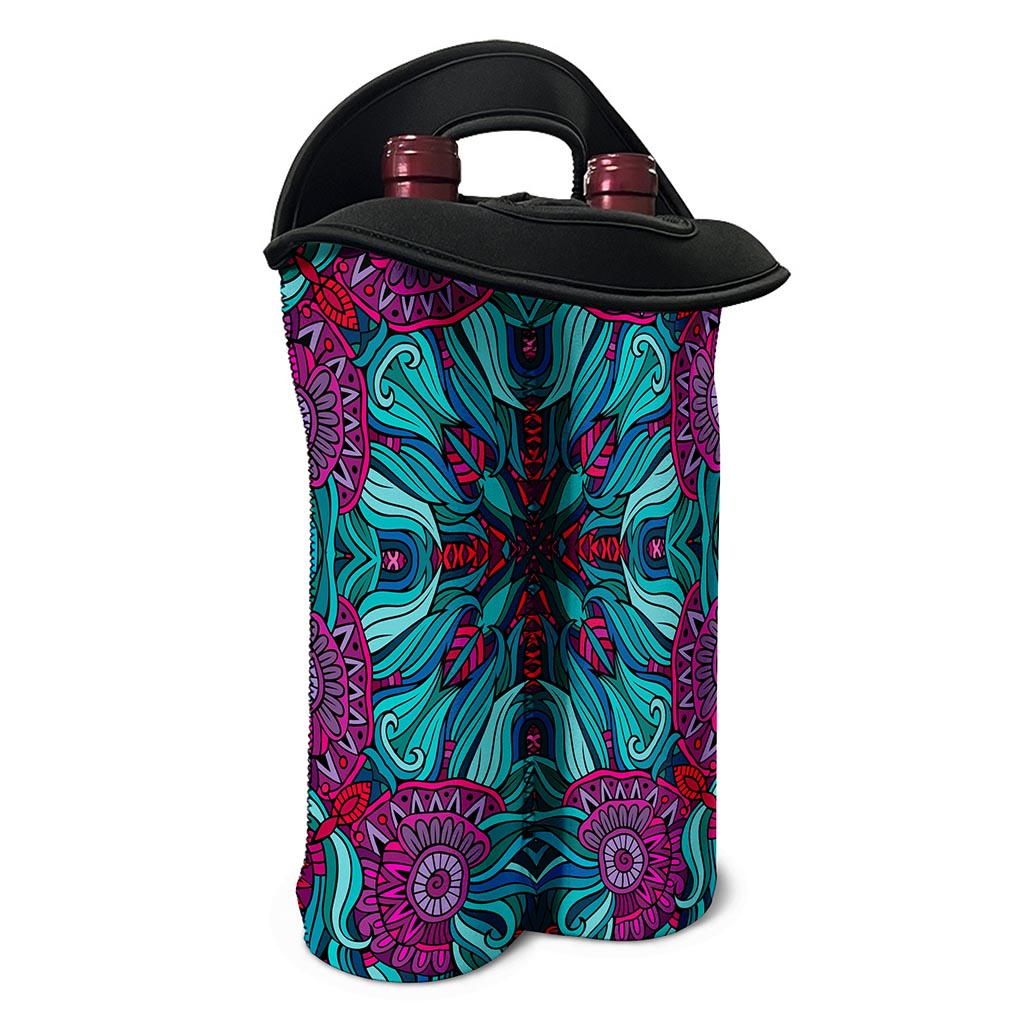Ethnic Teal Bohemian Pattern Print Double Neoprene Wine Tote