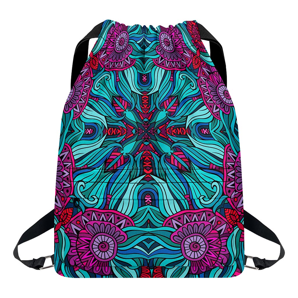 Ethnic Teal Bohemian Pattern Print Drawstring Backpack