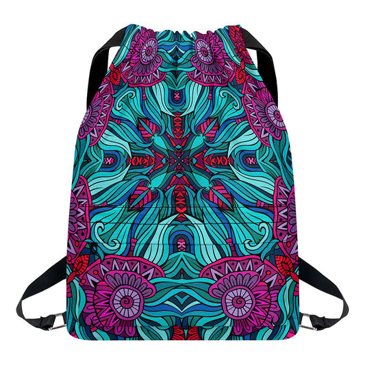 Ethnic Teal Bohemian Pattern Print Drawstring Backpack
