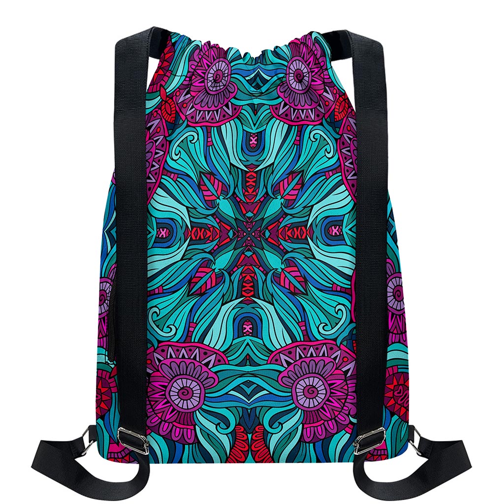 Ethnic Teal Bohemian Pattern Print Drawstring Backpack