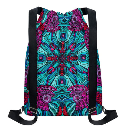 Ethnic Teal Bohemian Pattern Print Drawstring Backpack