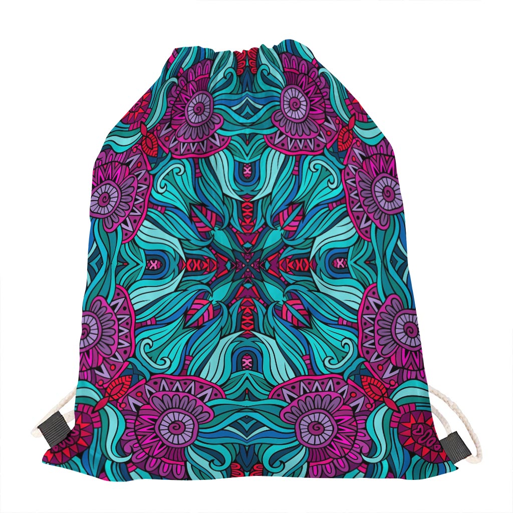 Ethnic Teal Bohemian Pattern Print Drawstring Bag