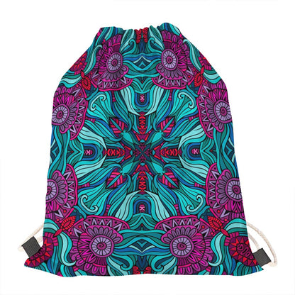 Ethnic Teal Bohemian Pattern Print Drawstring Bag