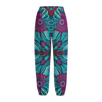 Ethnic Teal Bohemian Pattern Print Fleece Lined Knit Pants
