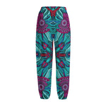 Ethnic Teal Bohemian Pattern Print Fleece Lined Knit Pants