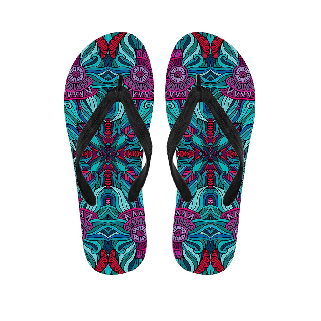 Ethnic Teal Bohemian Pattern Print Flip Flops