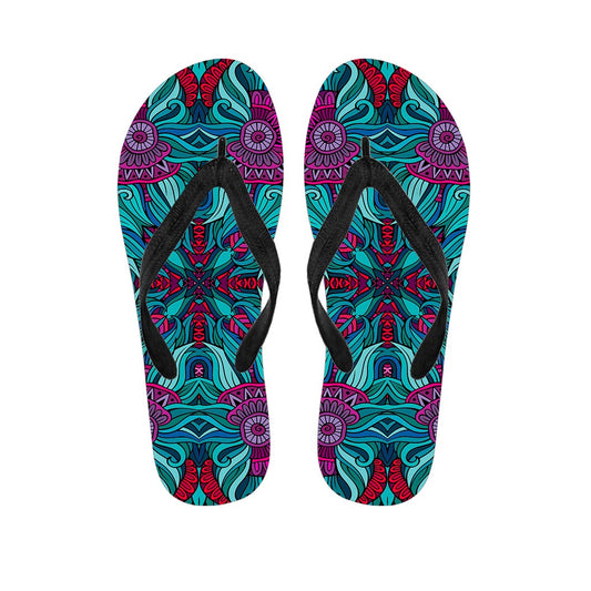 Ethnic Teal Bohemian Pattern Print Flip Flops