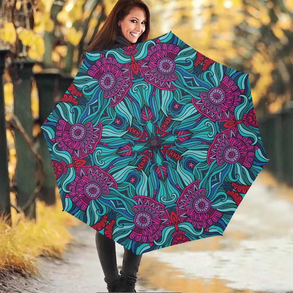 Ethnic Teal Bohemian Pattern Print Foldable Umbrella