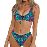 Ethnic Teal Bohemian Pattern Print Front Bow Tie Bikini