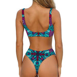 Ethnic Teal Bohemian Pattern Print Front Bow Tie Bikini