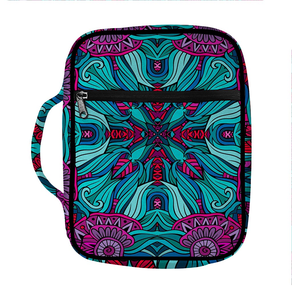 Ethnic Teal Bohemian Pattern Print Front Pocket Bible Bag