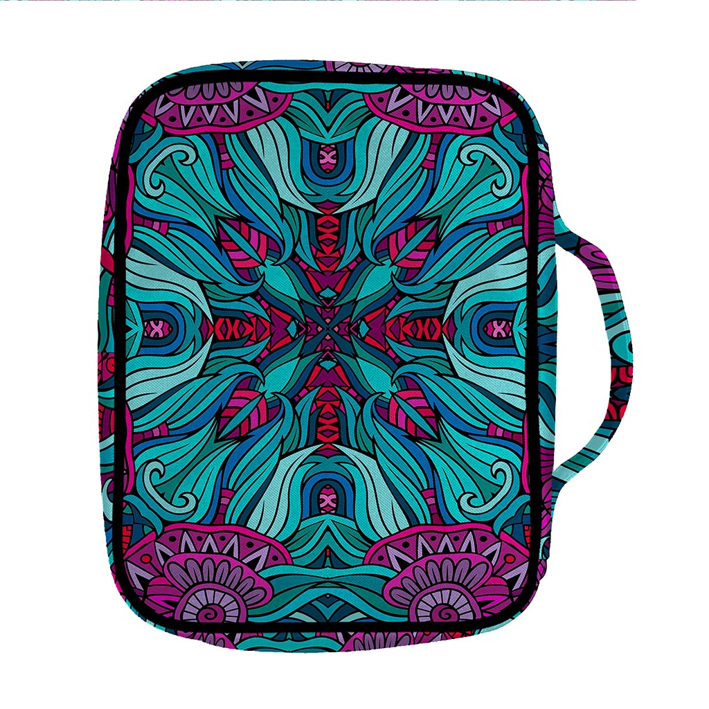 Ethnic Teal Bohemian Pattern Print Front Pocket Bible Bag