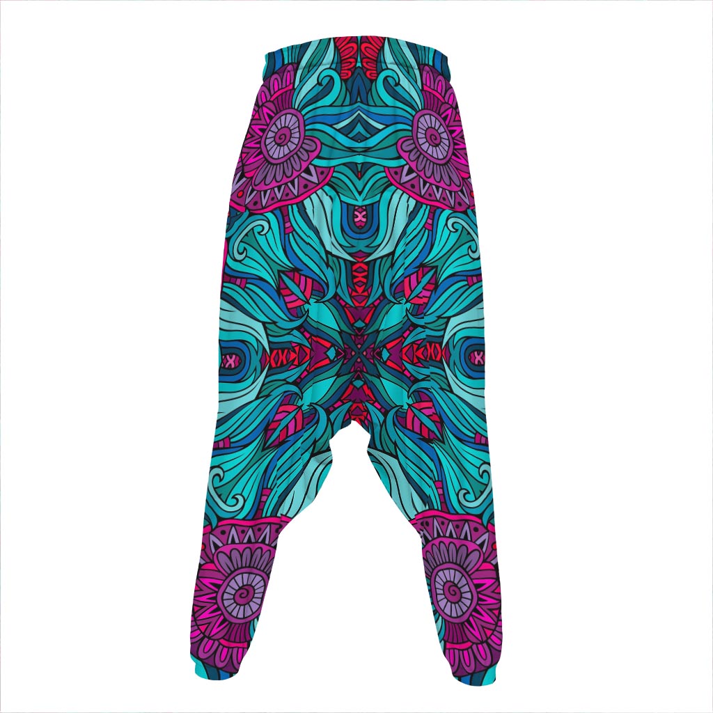 Ethnic Teal Bohemian Pattern Print Hammer Pants