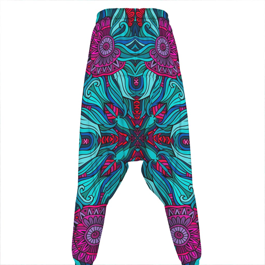 Ethnic Teal Bohemian Pattern Print Hammer Pants
