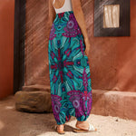 Ethnic Teal Bohemian Pattern Print Harem Pants