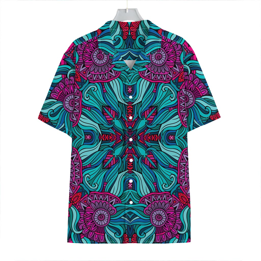 Ethnic Teal Bohemian Pattern Print Hawaiian Shirt
